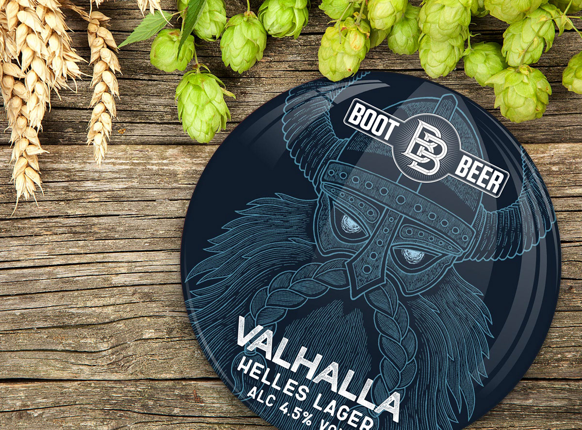 hand drawn craft beer keg badge design featuring a blue bearded viking face wearing a helmet