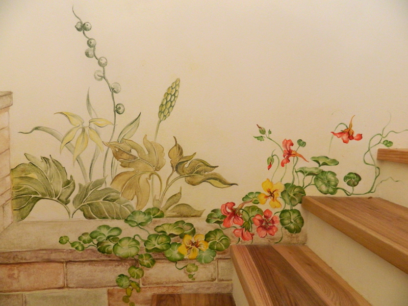 wall art painting on wall Mural Hall Design stairs trees roots Flowers fantasy landscape
