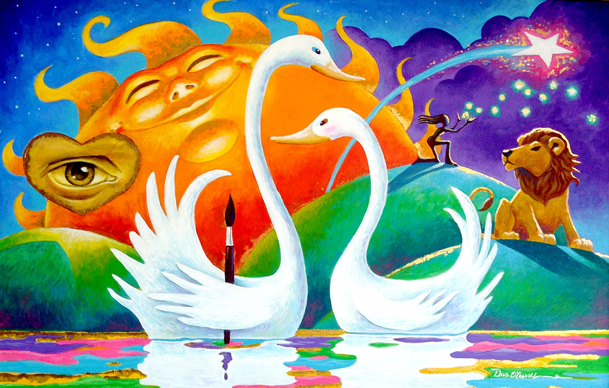 acrylics painting   Tree  animals lion swans Sun Ocean waves
