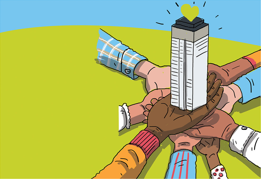 grenfell tower Reader's Digest magazine editorial Editorial Illustration people figures city community working together