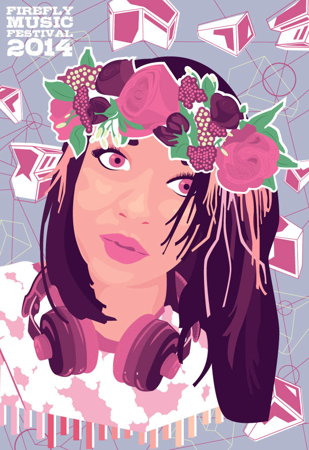 Student work student poster Music Fest firefly Flowers hippie flower crown girl shading portrait