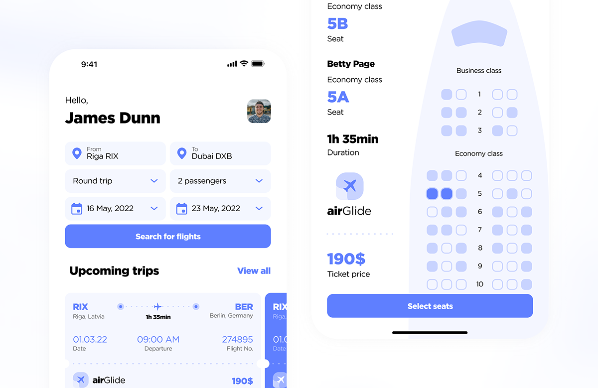 Flight booking app conceptual user interface design.