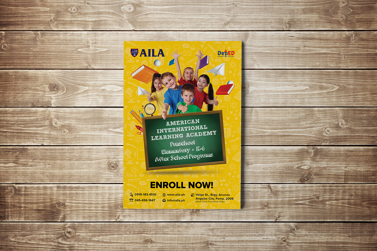 Enrollment flyer design AILA American International Learning k-12 elementary school FilAm Software