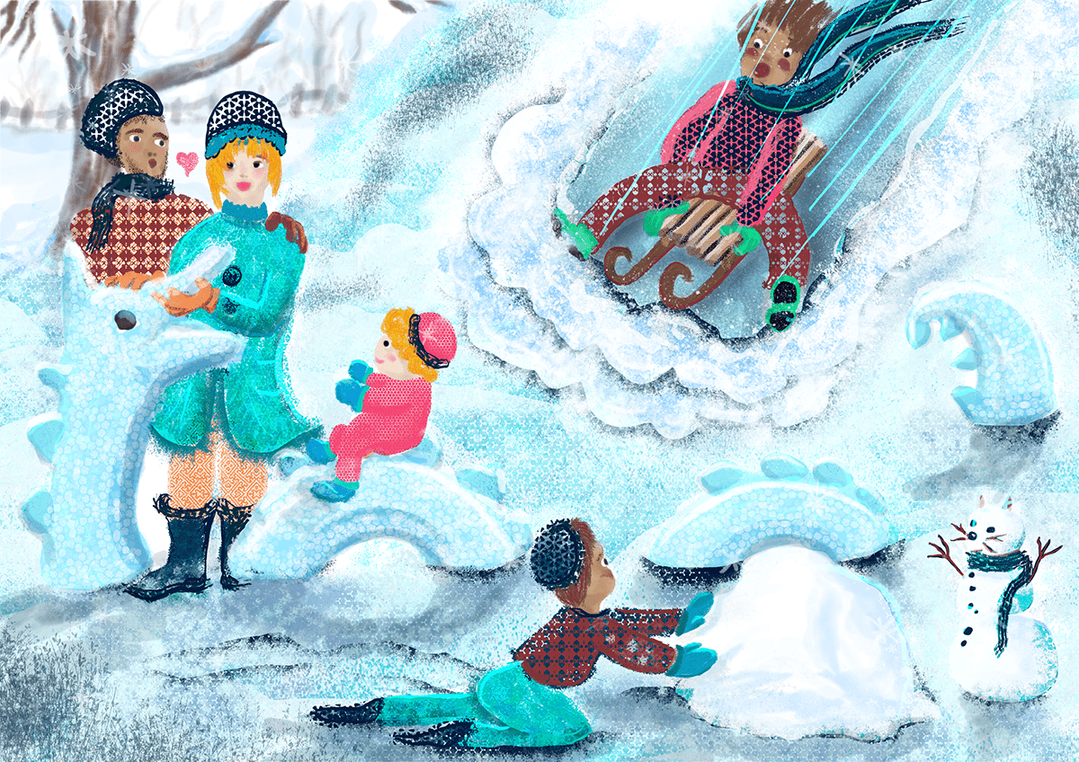 adobefresco Zeichnung dragon family fun ice Love sleigh snow play toddler winter