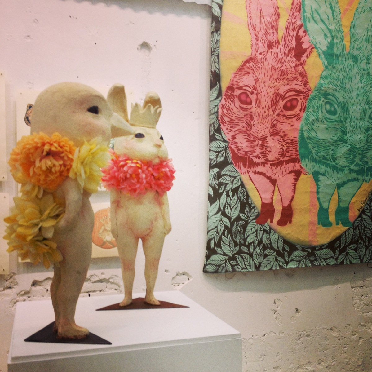 birds bunnies stencil printmaking  print animals wildlife pop surrealism lowbrow face sculpture TALES pink blue rabbit