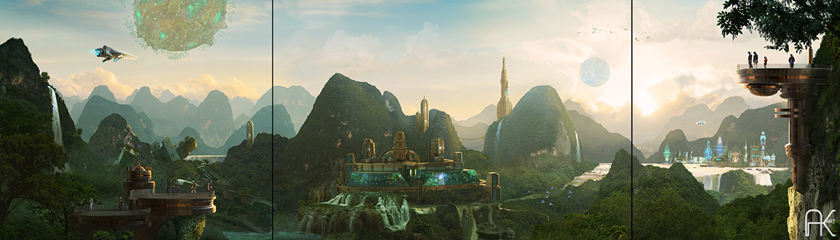 Scifi vista environment wallpaper mountains alien planet spaceship city