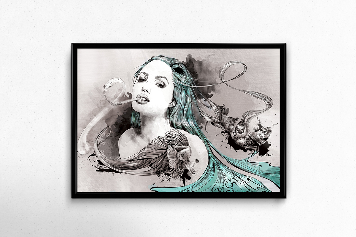 fish girl portrait smoking cigarette blue turquoise escape pretty Angelina Jolie
