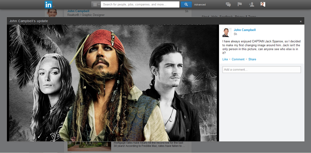 social media Art Director movie poster Media Design jack sparrow pirates Rollover Transparency interactive design Linkedin