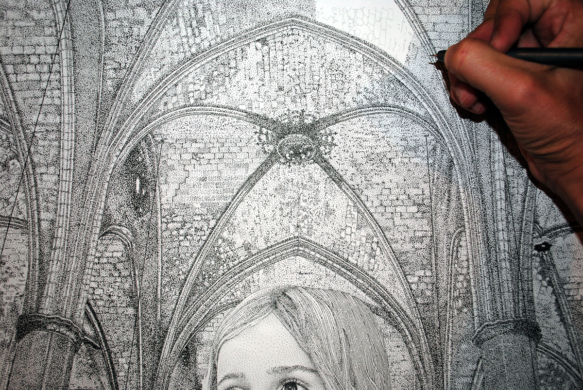 stippling Pointillism portrait black ink paper draw conceptual cathedral black & white dots art hyperrealism childhood Human Figure