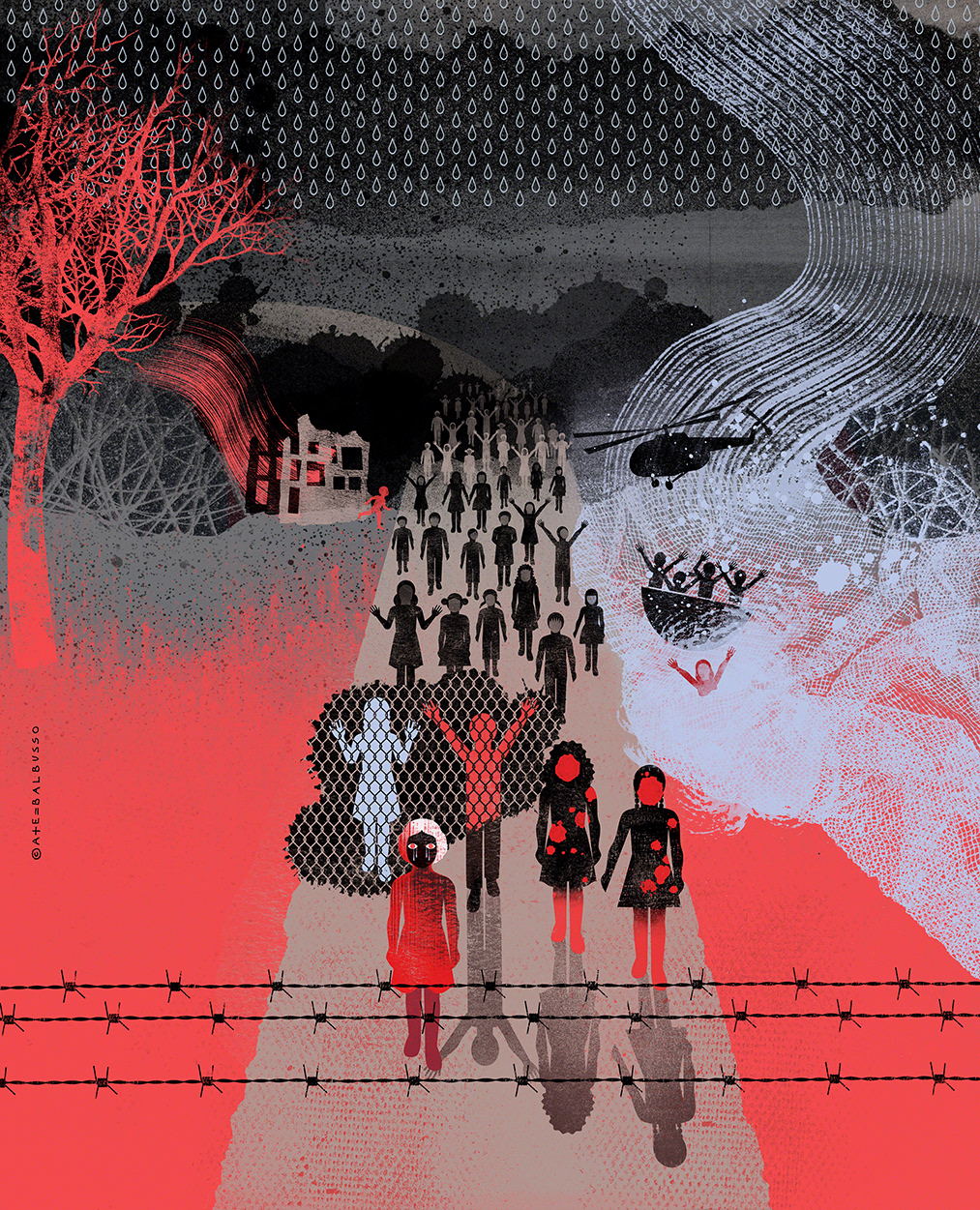War illustrations anna elena balbusso Balbusso Twins editorial poster magazine Immigration migrant Lost Boys