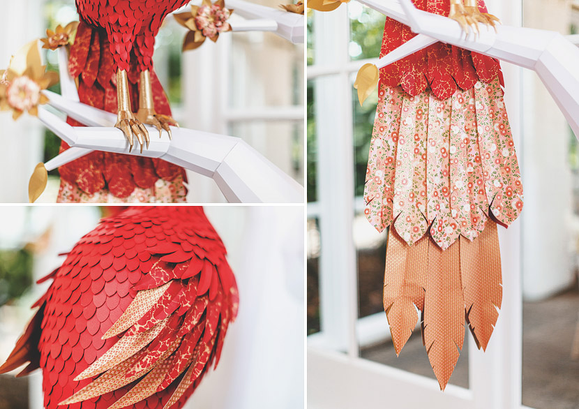 scarlet Ibis paper Tree  leaves gold bird wedding marriage sculpture