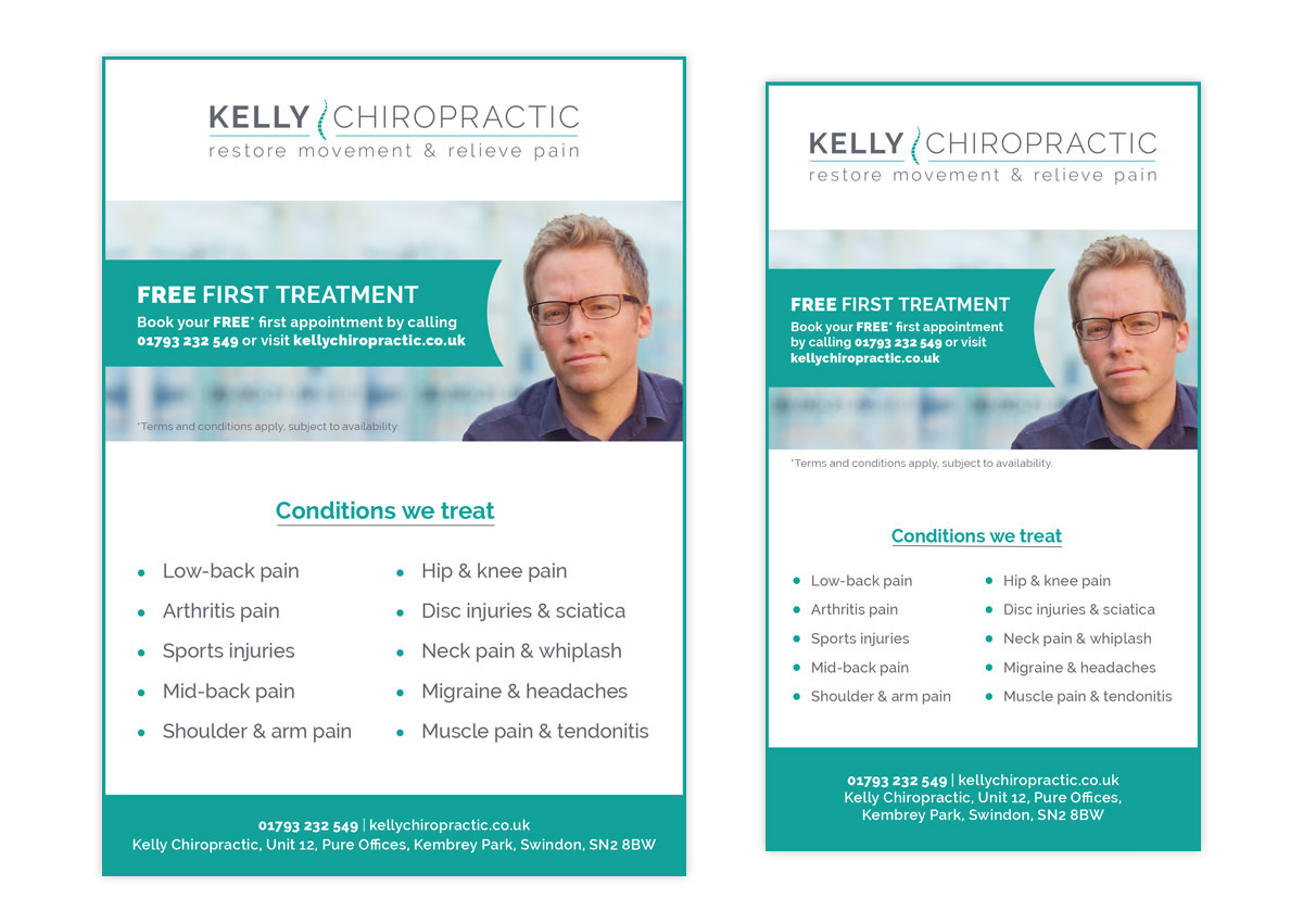 Website Chiropractic Small Business chiropractor adverts facebook social media medical clinic a5 flyer Stationery business card letterhead appointment card Newspaper advertising