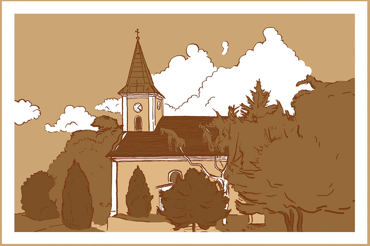 Přibice postcard church train folclor country