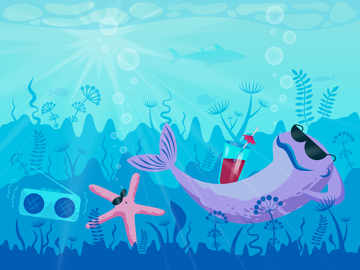 ILLUSTRATION  Character fish relax seaweed starfish underwater water vector Vector Illustration