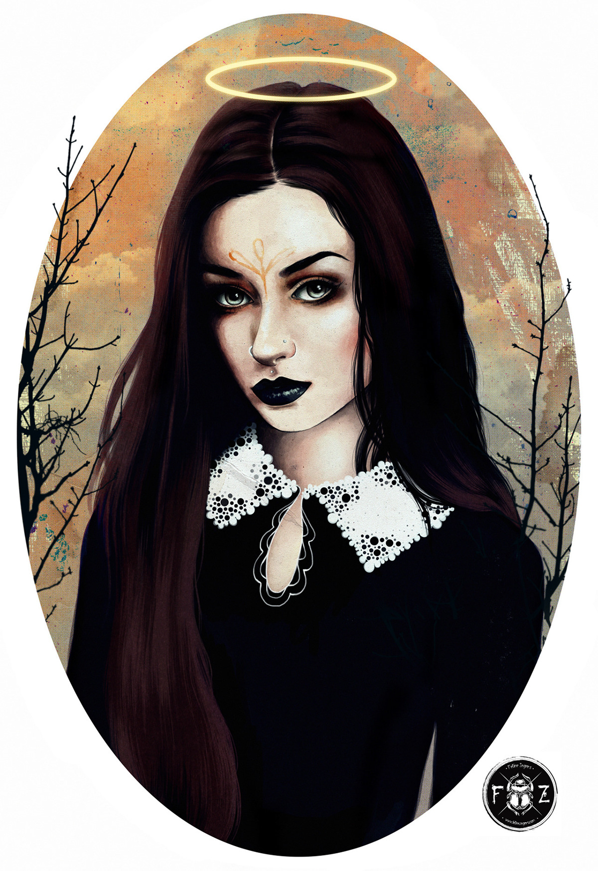 Felice Fawn girl woman dark mysterious forest branches oval portrait hair gothic