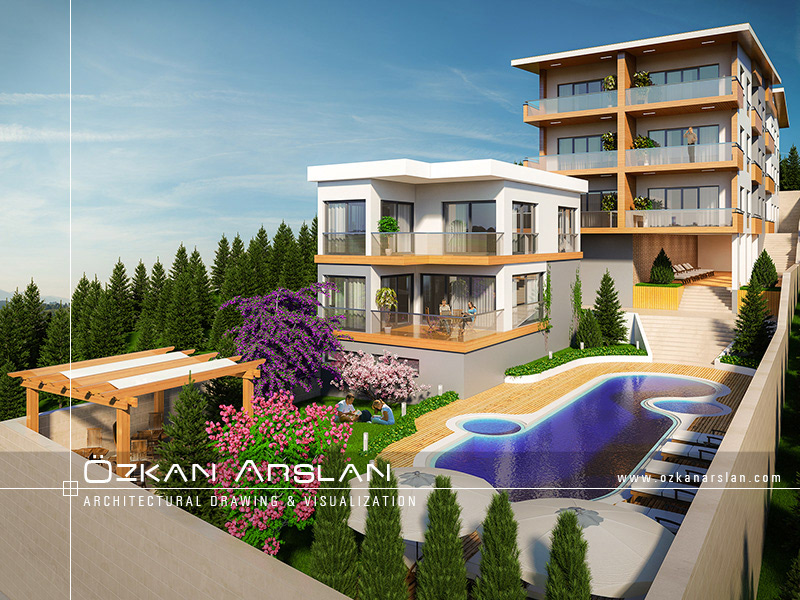 3d villa exterior architecture Render Ayvalık Villa