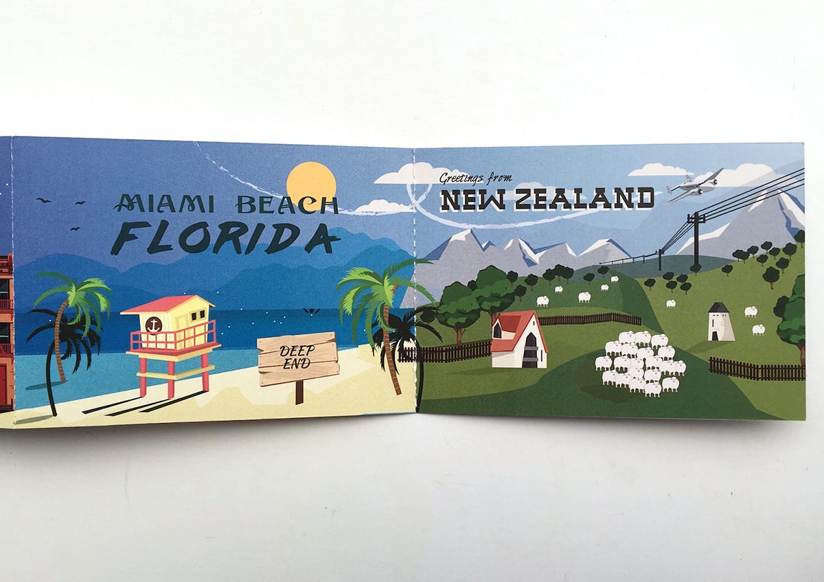 London travel guide illustrations publication postcards New York New Zealand miami beach