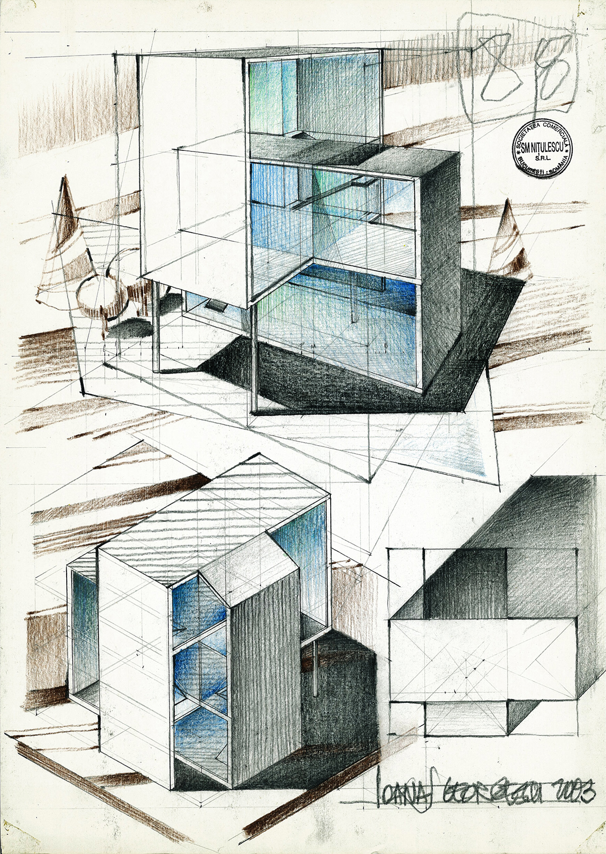 color black and white pencil watercolor Traditional media geometry Axonometric Projection Perspective bird eye view