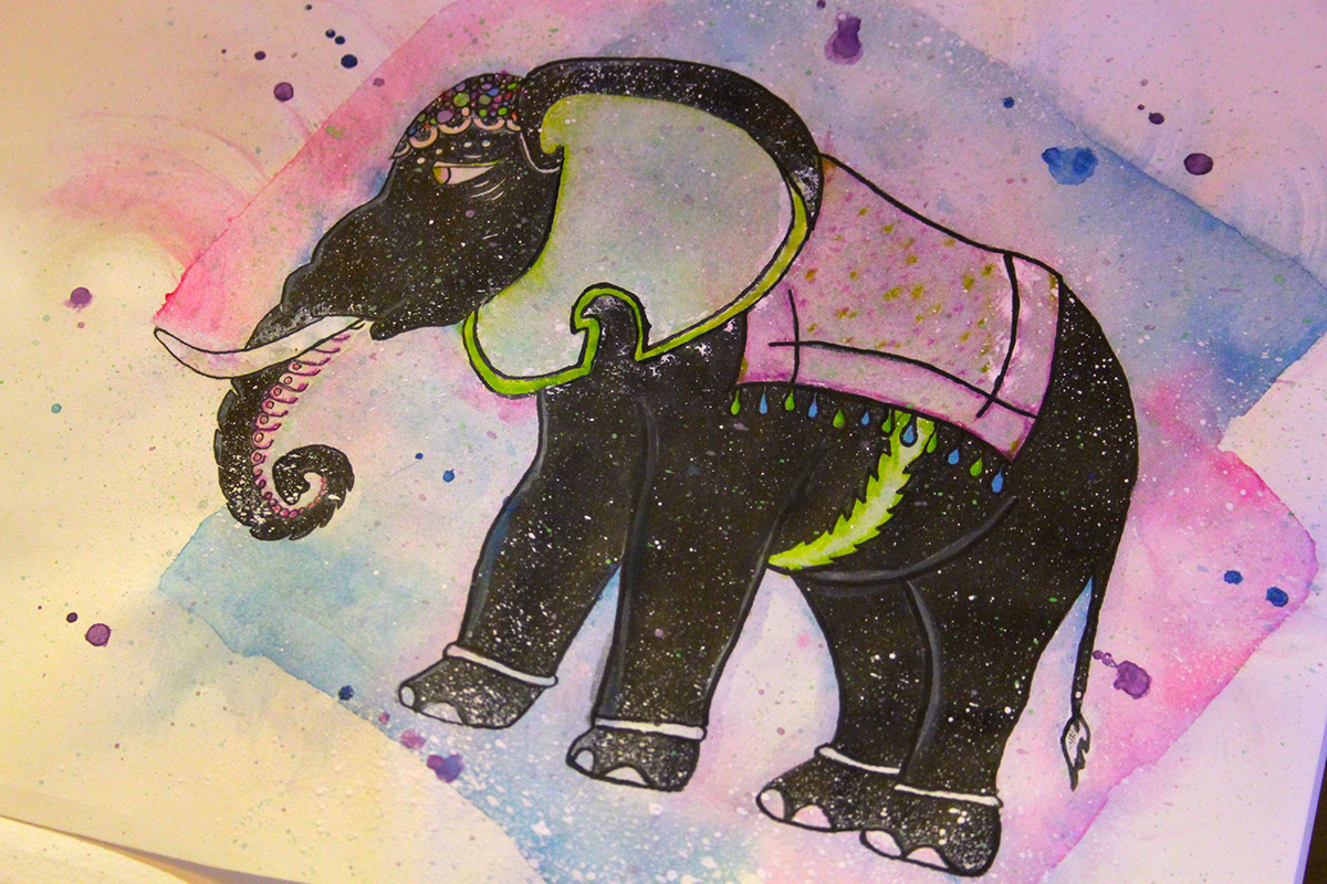 watercolor elephants eyes India color splatter