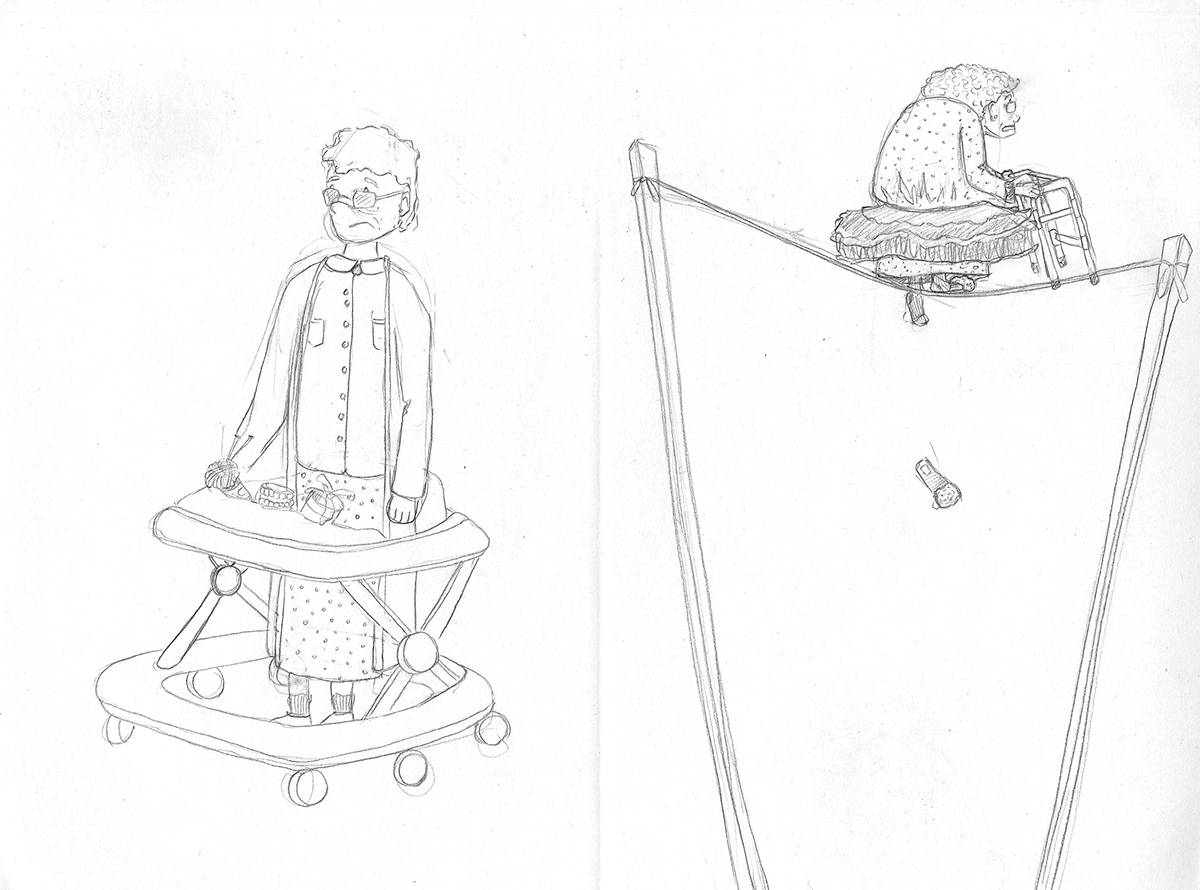 Editorial Illustration spot illustration grandma tightrope watercolor pen and ink