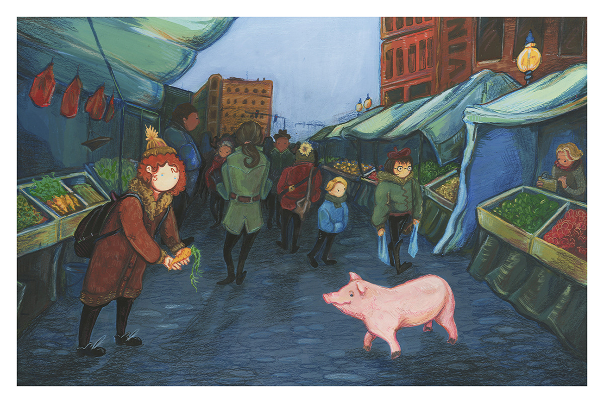 pig gouache Haymarket boston city colored pencil ILLUSTRATION 