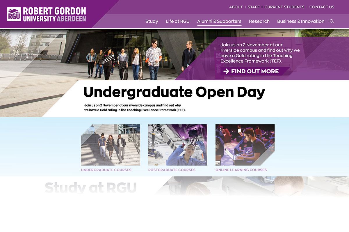higher education postgraduate research reskin RGU Robert Gordon University study ui design Undergraduate Web Design 