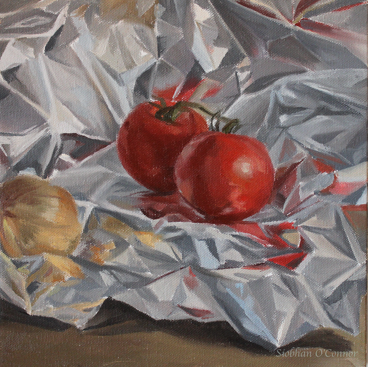 tomatoes Onion tinfoil still life observation Oil Painting
