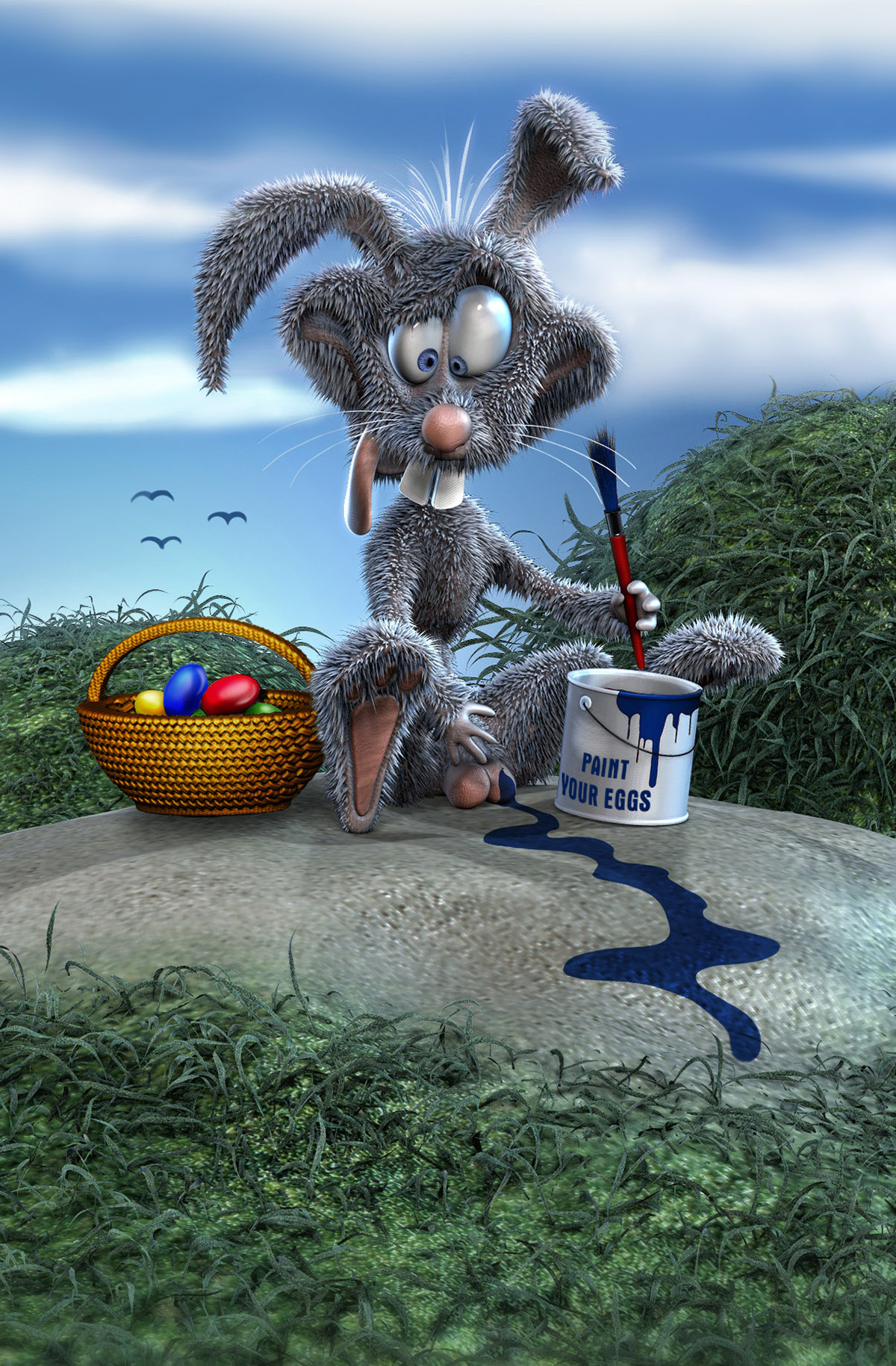 funny  bunny  rabbit  easter  eggs  paint  Balls  3d  deviantom  tomislav  zvonaric  happy cool  paintbrush  blue  bucket  joke