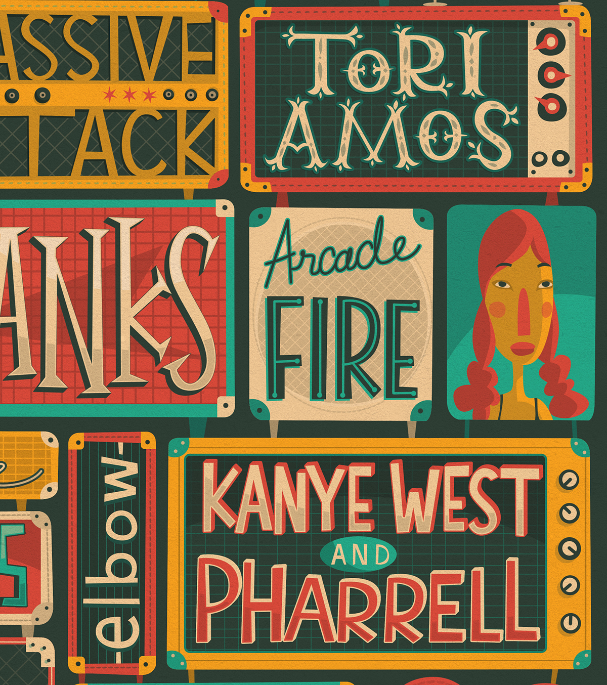 bands livemusic festivals guitar songs elbow arctic monkeys Kanye West Amps speakers HAND LETTERING hand drawn type bob dylan limited palette Fun