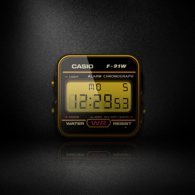Casio watch F-91W digital clock iconography