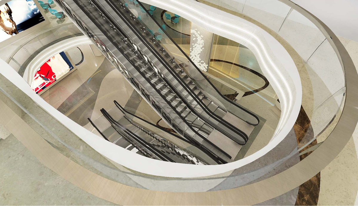 interior design china shopping mall public space escalator artwork