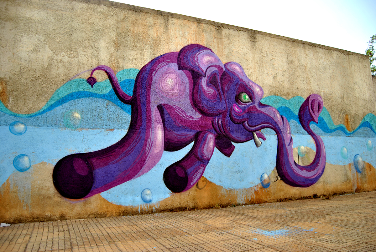 owl elephant colour purple school Mural walls lizard