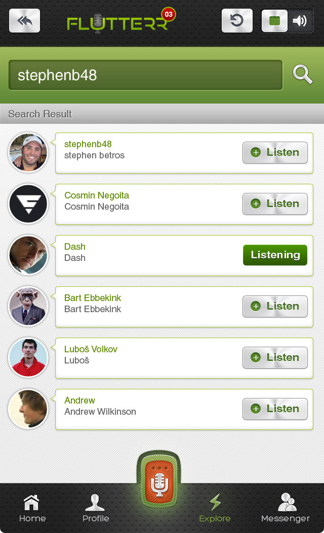 iphone app UI recording Social app conversation green groups post your voice network social network follow