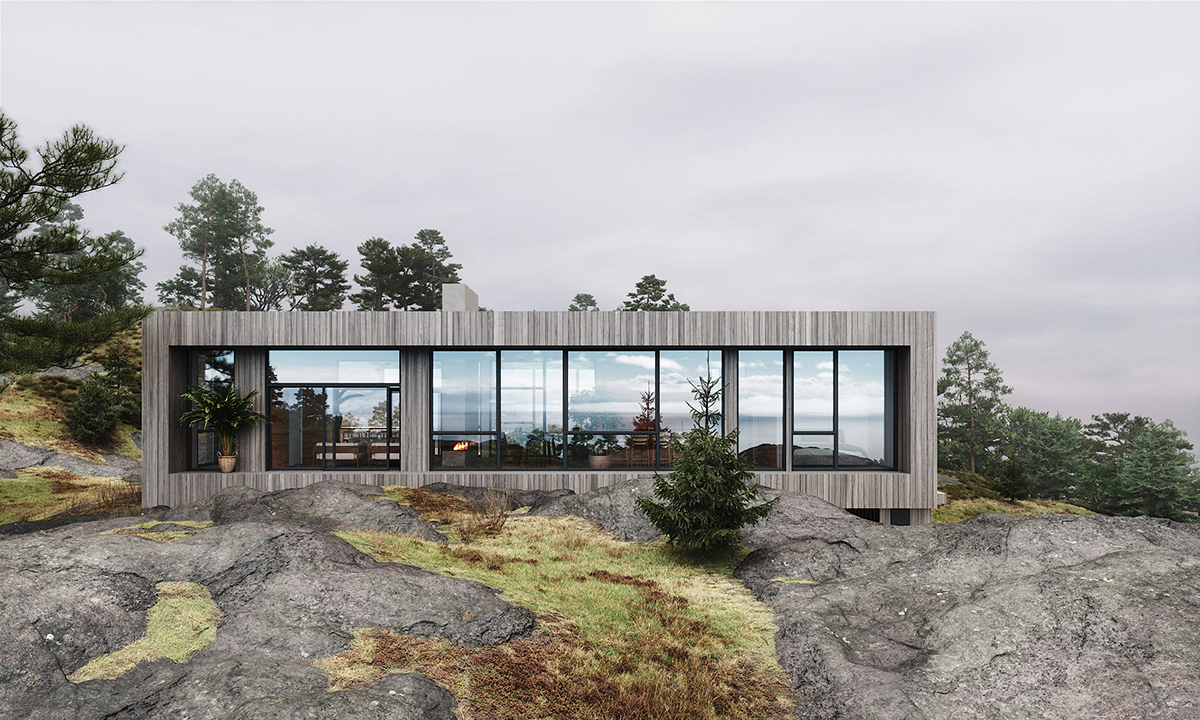 architecture archviz CGI exterior Landscape Nature norway cabin house fjord