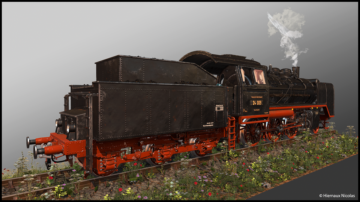 video game locomotive Steam rigged animated train 3D Train simulator normal map real time wheel Mogul DRG Class 24 24 009 black