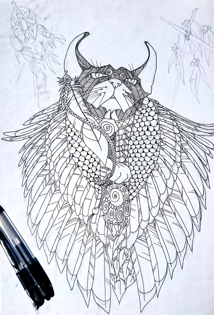 Drawing  ILLUSTRATION  Undiscovered Tribe RAA Miiauji Riquart line art riqu Catos feathers