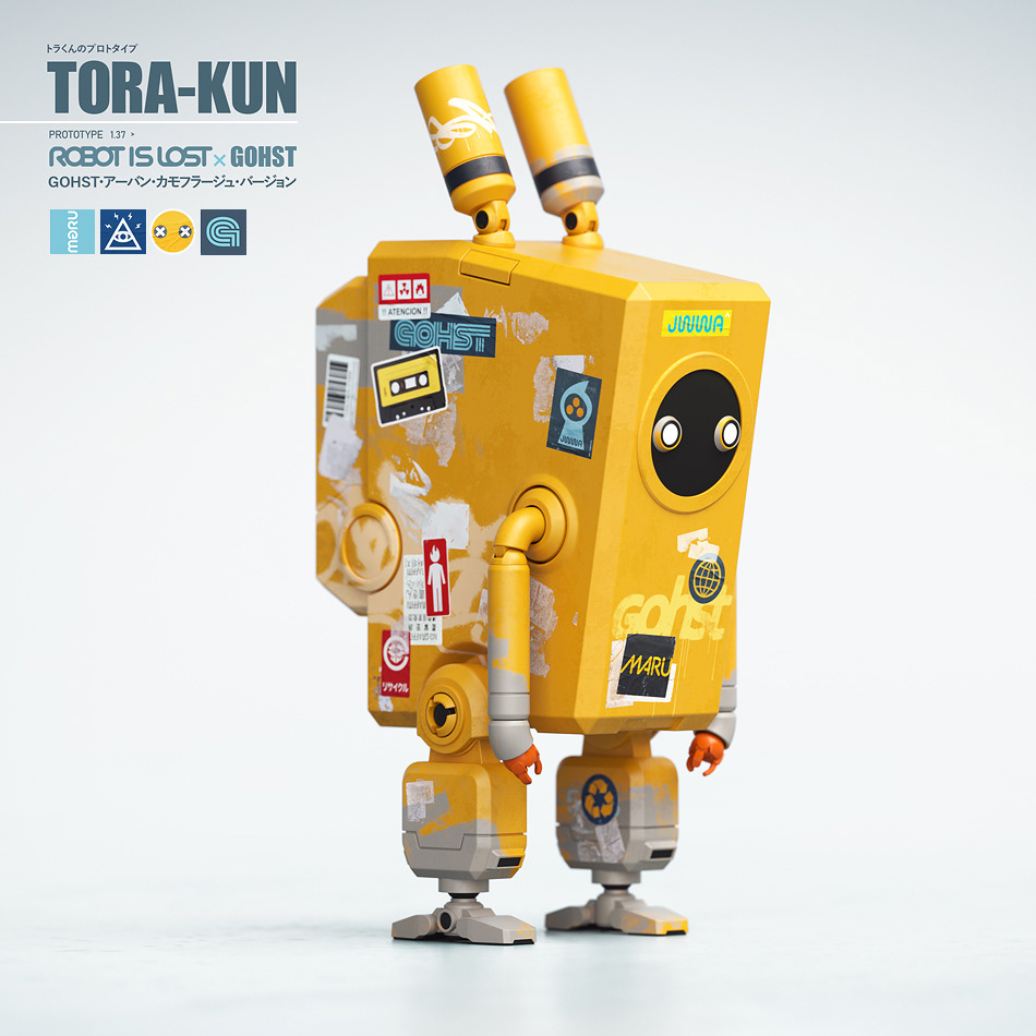 Yellow Gohst urban camo Tora Kun Art Toy robots by Malcolm Tween for Robot is lost