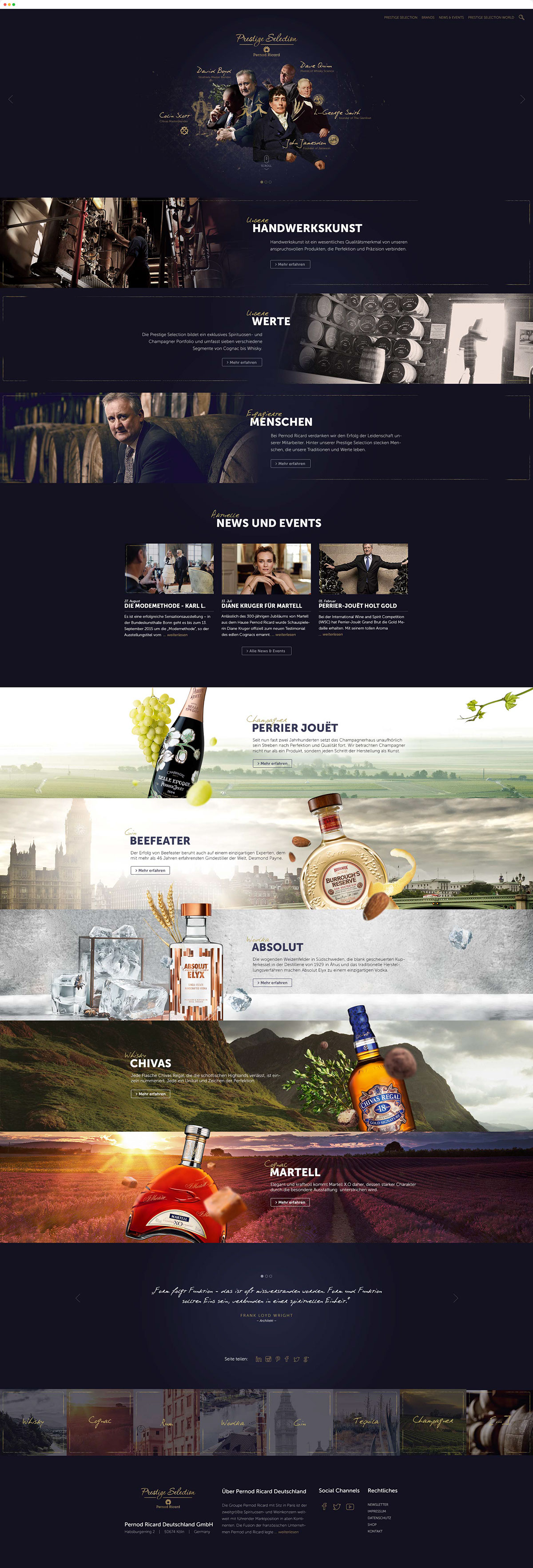 pernod Ricard Web Screendesign absolut Vodka the glenlivet strathisla Zum goldenen Hirschen Prestige Selection beefeater chivas martell Whisky champagner