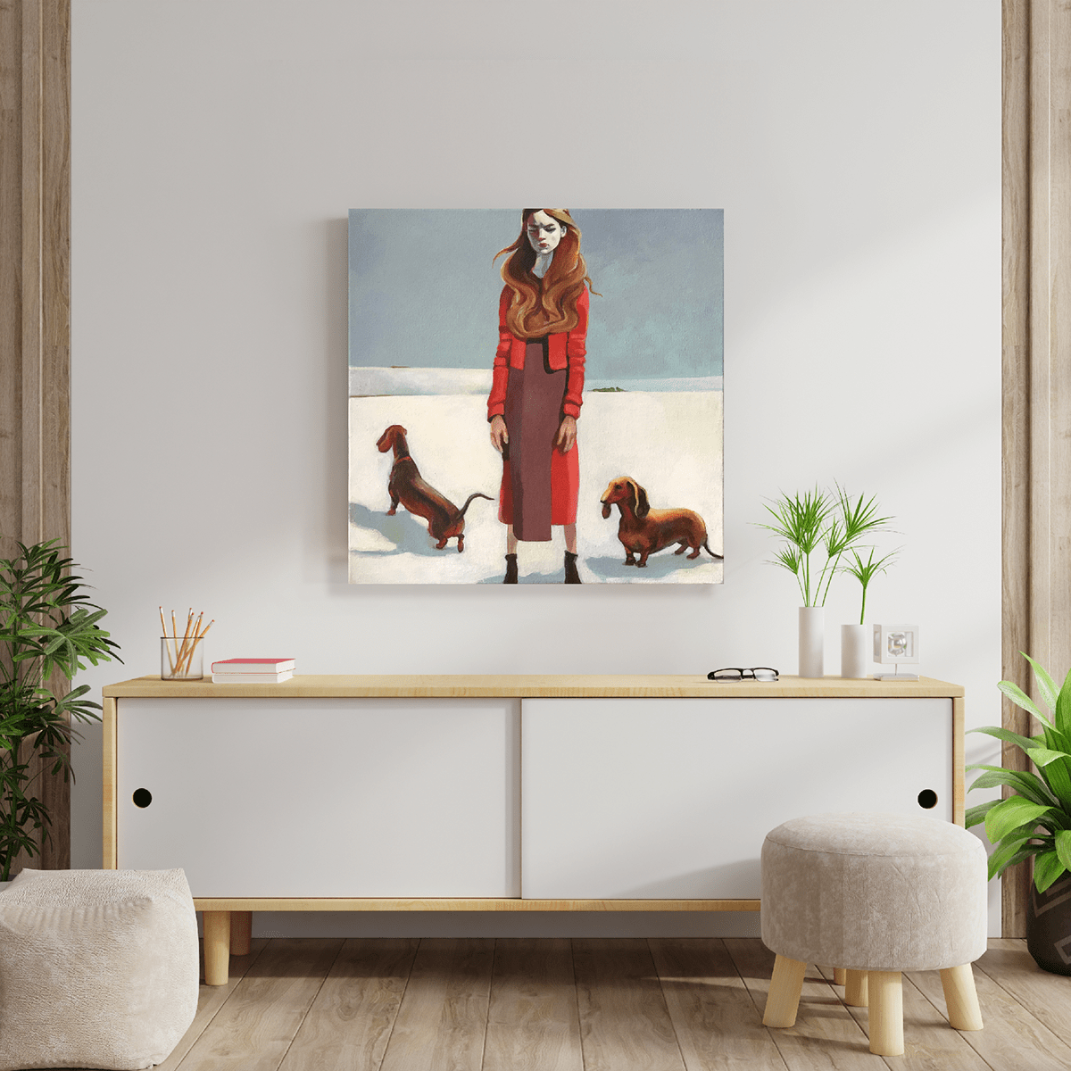 annoyance contemporary art Contemporary Landscape dachshund long hair winter woman in red