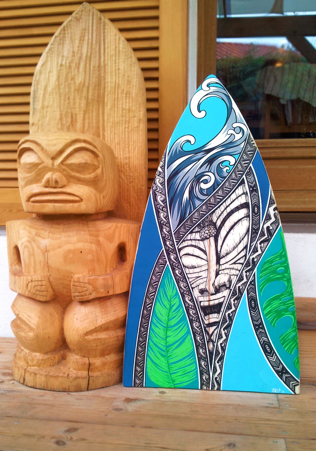 surfboard Boardart Tiki Tropical painting   pens tattoo Posca handpainted waves