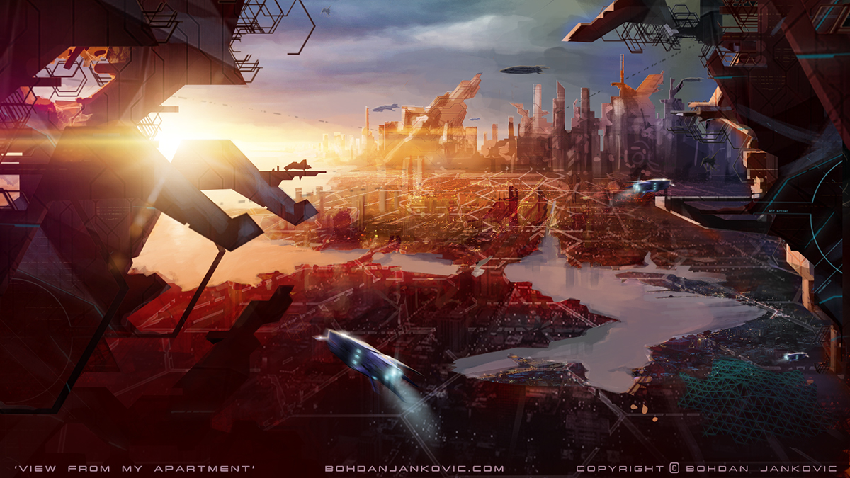 sci-fi cityscape futuristic sunset spaceship skyscrapers Coast