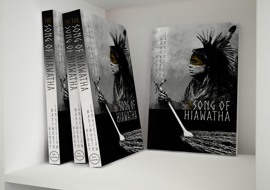 Adobe Portfolio book cover art book cover native american native people Hiawatha Song of Hiawatha henry wadsworth longfellow ILLUSTRATION  art Graphic Novel portrait classic book classic poem Poetry  Cover Art peace pipe OAR black gold purple White design graphic design  american classic