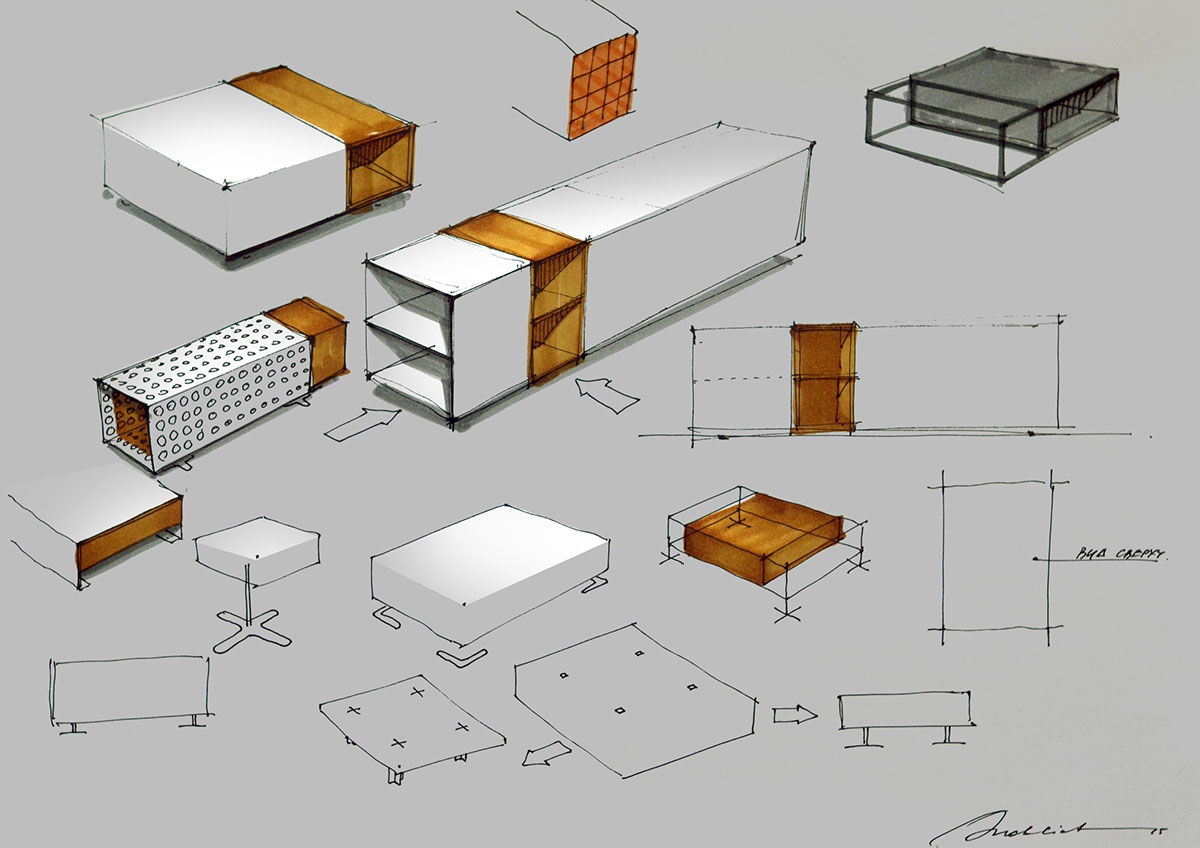 Trade equipment modern concept sketches drawing by hands frame massive wood metal colour black eugene pucklich product air