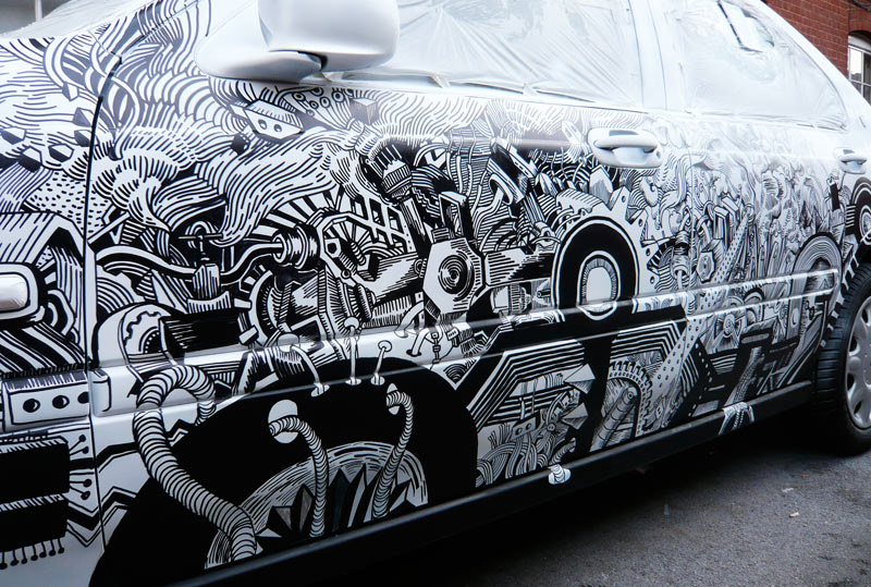 car painting live painting Car Illustration applied illustration Line Work etching style Posca Pens car drawing rover London Design Week