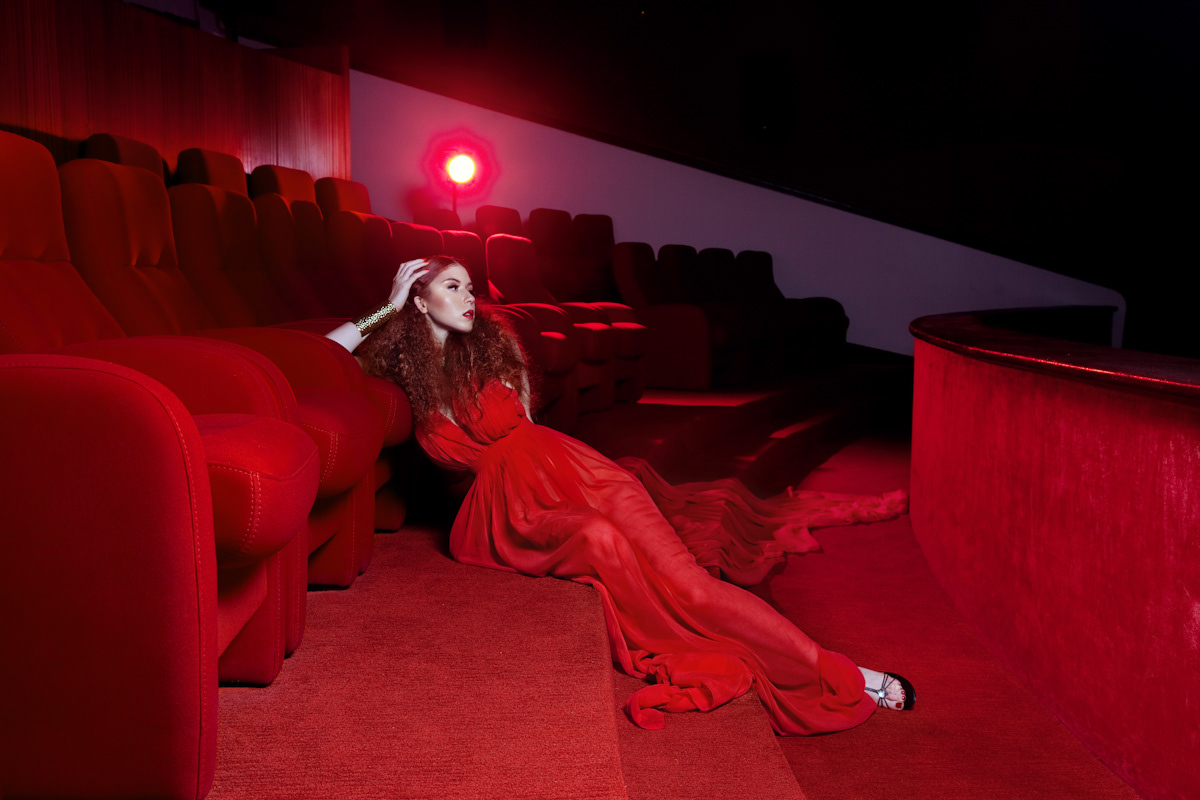 theater  model redhead Cinema Movies rouge et noir red black curly redhead couture editorial