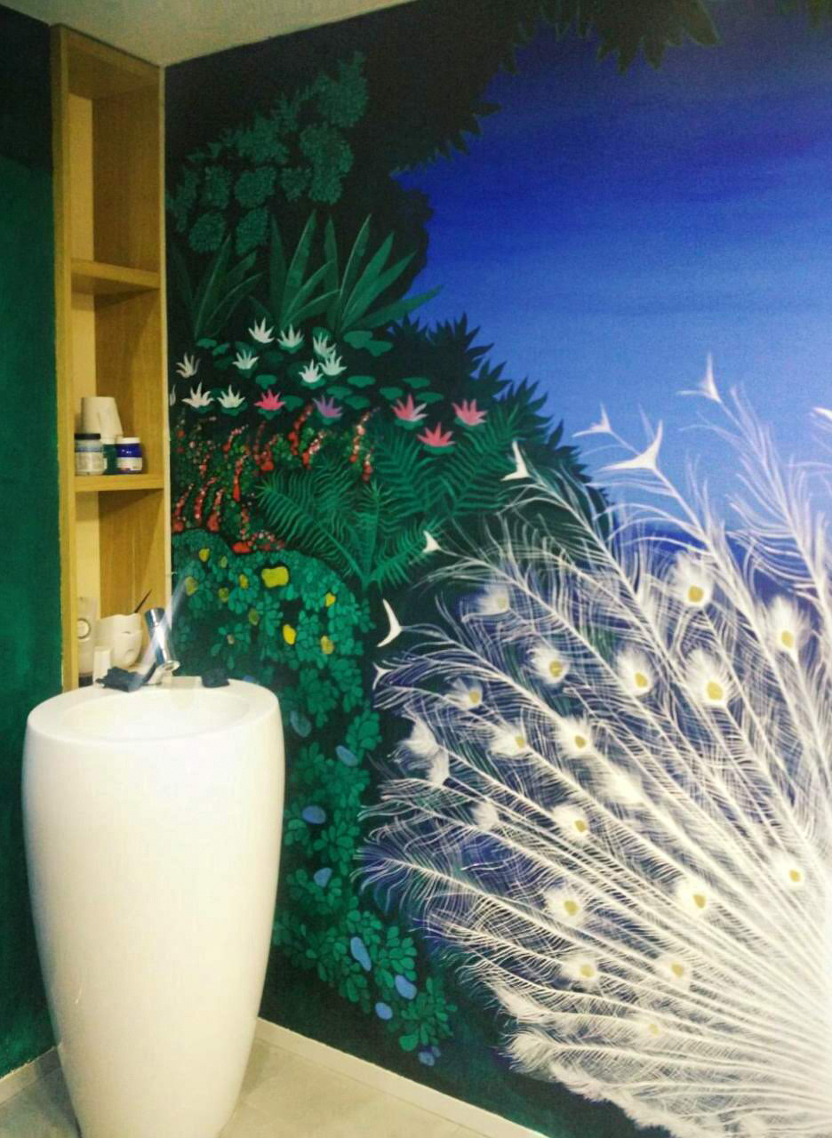 acrylic painting beauty salon botanical detox green leaves green painting Jungle Painting Mural Painting Waterfalls white peacock