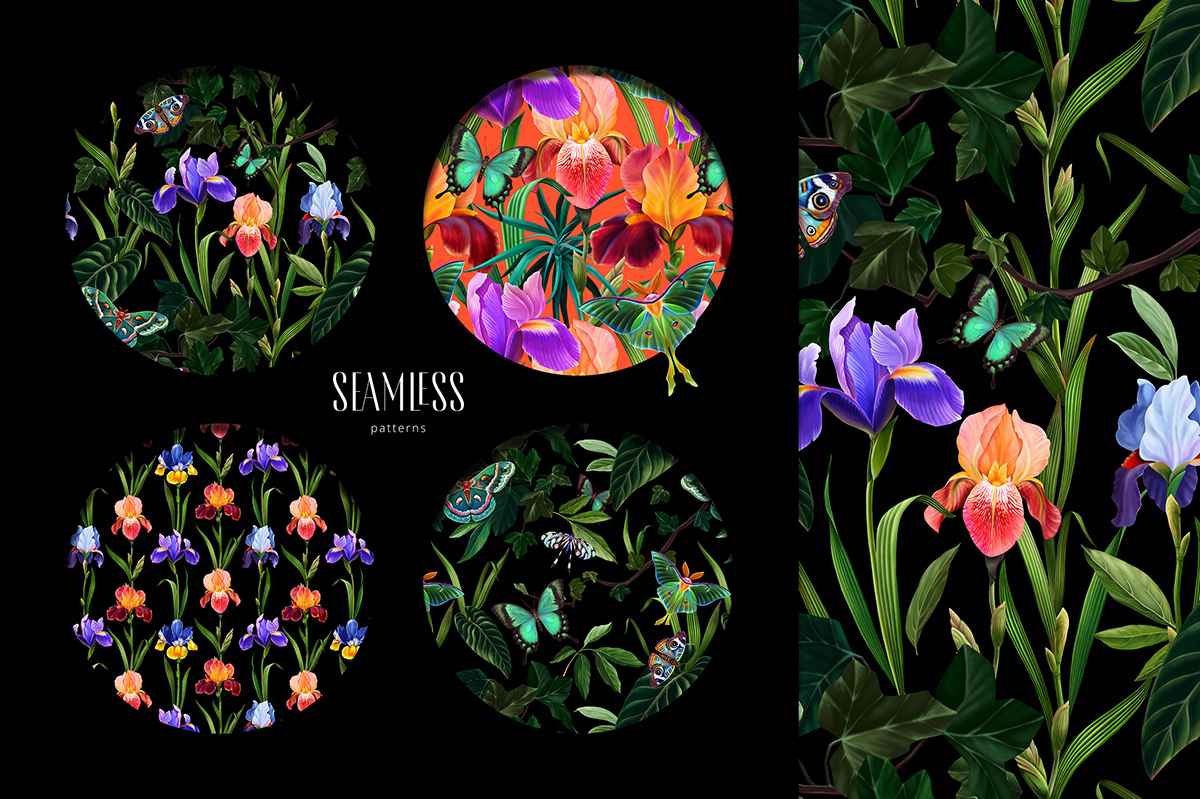 eden fashion week iris pattern ILLUSTRATION  Invitation botanical illustration dark bloom butterfly