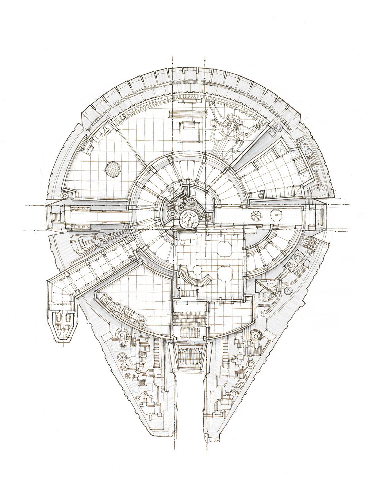 star wars millenium falcon Plan draw sketch Han Solo pen ink Marker