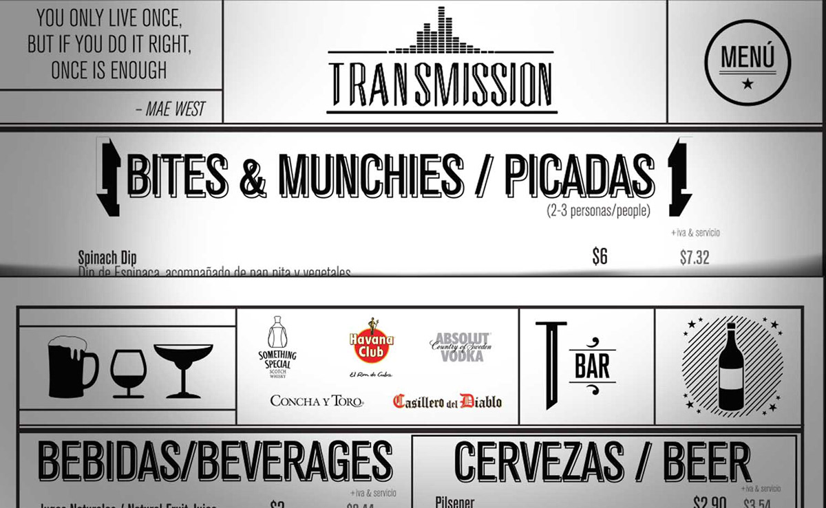Indie rock bar gastro bar Food  restaurant bar drinks transmission indie rock logo identity menu drinkingcards poster live music