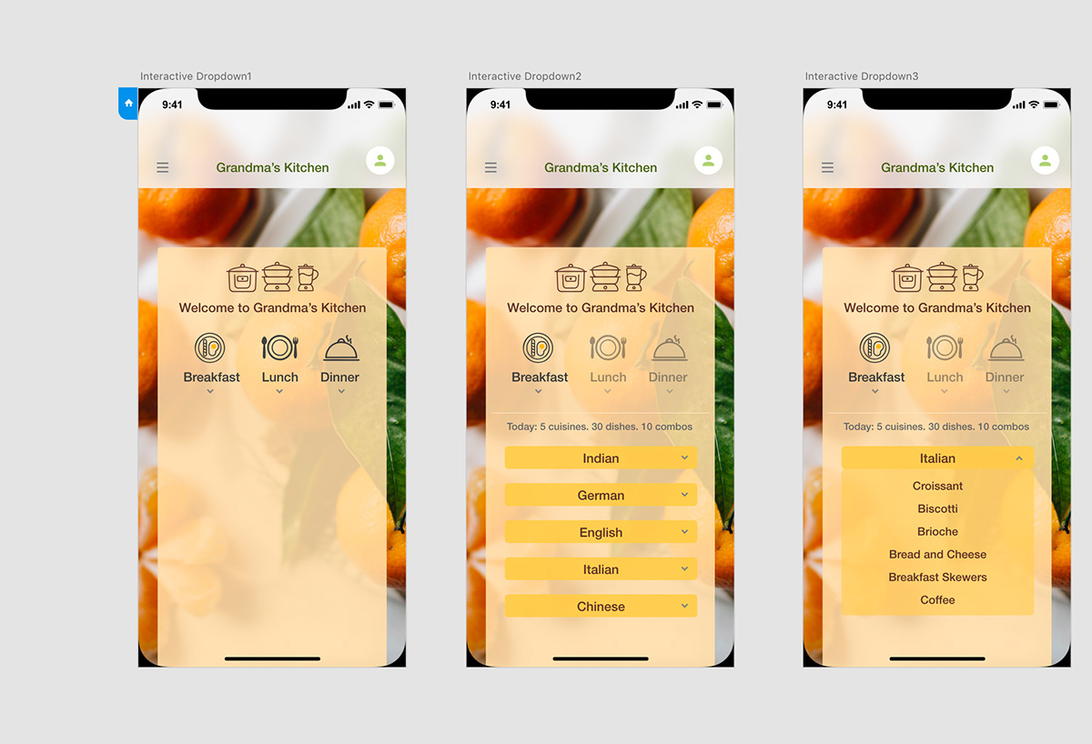 food app Interaction design  app design iOS App Menu selection dropdown UI/UX user experience Adobe XD Mobile apps